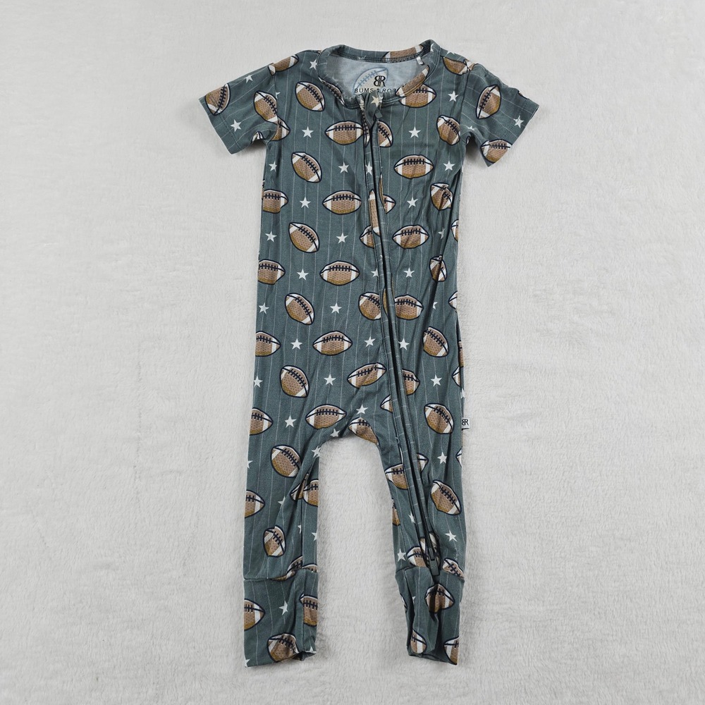 Bums & Roses Football Stars Bamboo Romper 9-12 Months Gray‎ Short Sleeve Sleeper